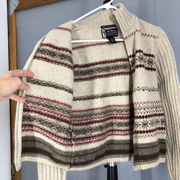 EDDIE BAUER Vintage Lambswool Cream Brown Red Fair Isle Zipper Knit Cardigan SzS - Picture 6 of 12